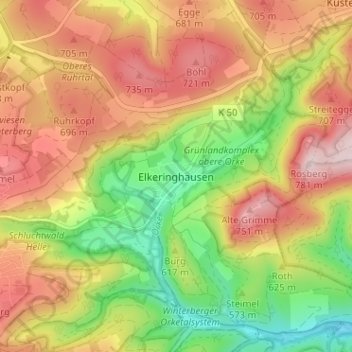 Carte topographique Elkeringhausen, altitude, relief