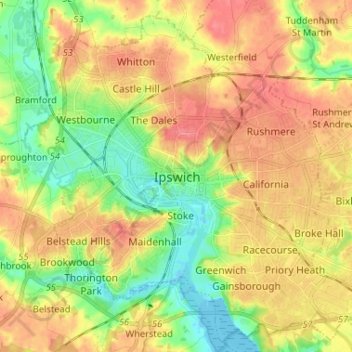 Carte topographique Ipswich, altitude, relief
