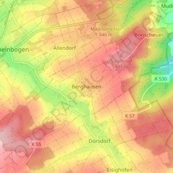 Carte topographique Berghausen, altitude, relief