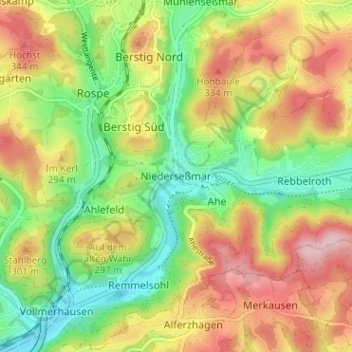 Carte topographique Niederseßmar, altitude, relief