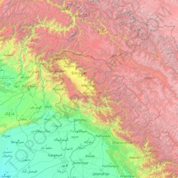 Carte topographique Jammu-et-Cachemire, altitude, relief