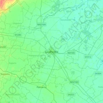 Carte topographique Gudivada, altitude, relief