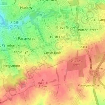 Carte topographique Latton Bush, altitude, relief