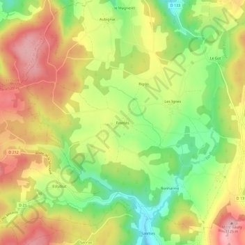 Carte topographique Frontès, altitude, relief