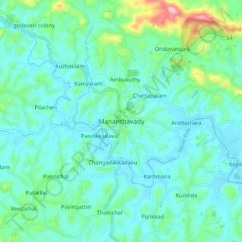 Carte topographique Mananthavady, altitude, relief
