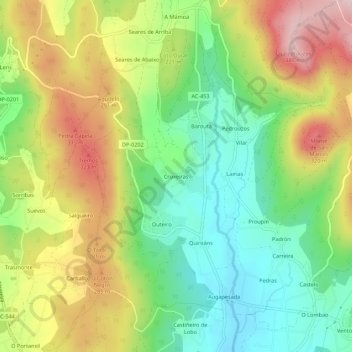Carte topographique Cruxeiras, altitude, relief