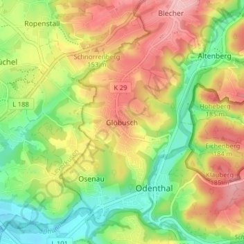 Carte topographique Glöbusch, altitude, relief