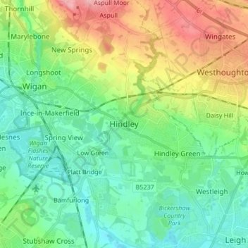 Carte topographique Hindley, altitude, relief