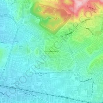 Carte topographique Woodside Village, altitude, relief