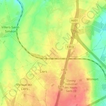 Carte topographique Liers (Juprelle), altitude, relief