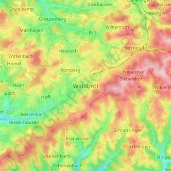 Carte topographique Waldbröl, altitude, relief