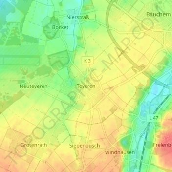 Carte topographique Teveren, altitude, relief