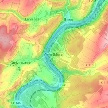 Carte topographique Wehr (Mosel), altitude, relief