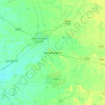 Carte topographique Hanumangarh, altitude, relief
