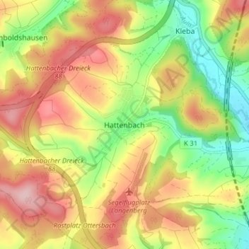 Carte topographique Hattenbach, altitude, relief