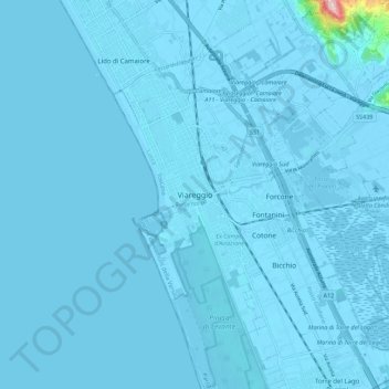 Carte topographique Viareggio, altitude, relief