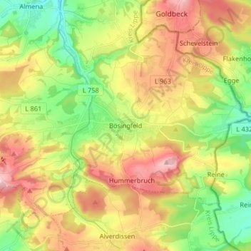 Carte topographique Bösingfeld, altitude, relief