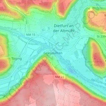 Carte topographique Griesstetten, altitude, relief
