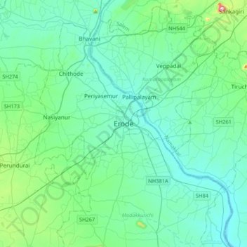 Carte topographique Erode, altitude, relief