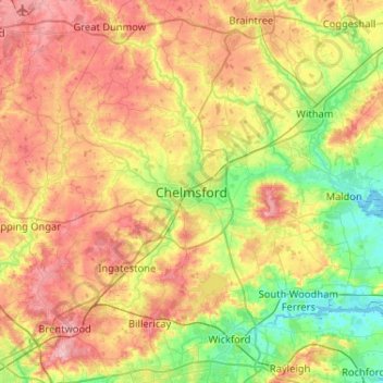 Carte topographique Chelmsford, altitude, relief