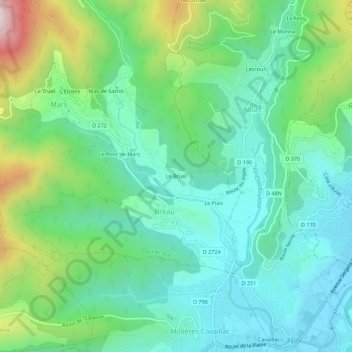 Carte topographique Le Bruel, altitude, relief