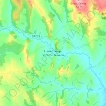 Carte topographique Llanvihangel Ystern Llewern, altitude, relief