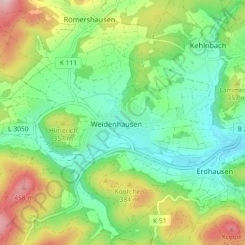Carte topographique Weidenhausen, altitude, relief