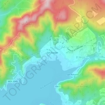 Carte topographique San Gaspar, altitude, relief
