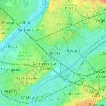 Carte topographique Houilles, altitude, relief