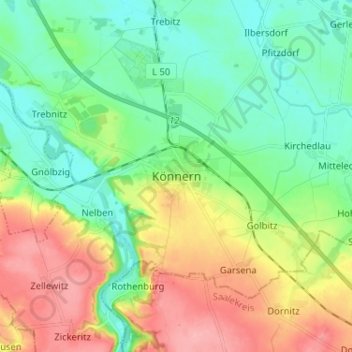 Carte topographique Könnern, altitude, relief