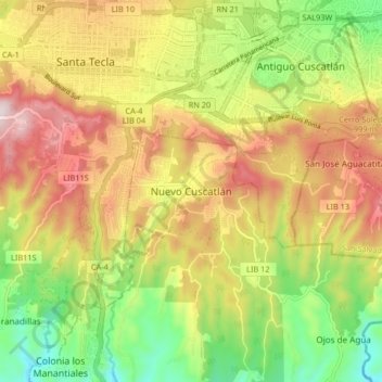 Carte topographique Nuevo Cuscatlán, altitude, relief