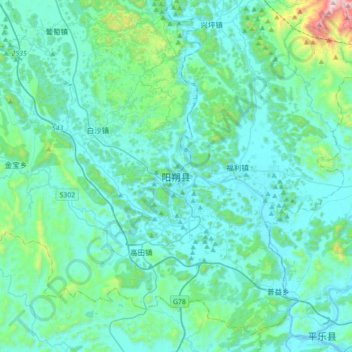 Carte topographique Yangshuo, altitude, relief