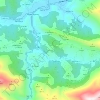Carte topographique Alcoreda, altitude, relief