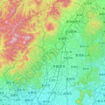 Carte topographique Préfecture de Tochigi, altitude, relief