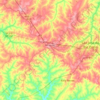 Carte topographique Mirassol, altitude, relief