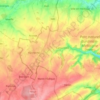 Carte topographique Burdinne, altitude, relief
