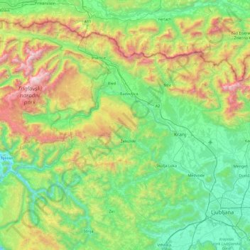 Carte topographique Upper Carniola Statistical Region, altitude, relief