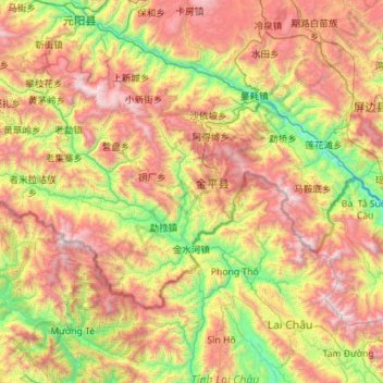 Carte topographique Jinping Miao, Yao and Dai Autonomous County, altitude, relief
