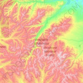 Carte topographique Washakie Wilderness Area, altitude, relief
