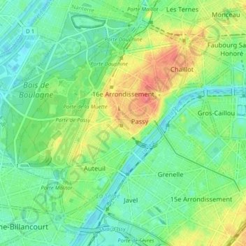 Carte topographique 16th Arrondissement, altitude, relief