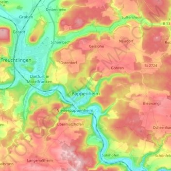 Carte topographique Pappenheim, altitude, relief