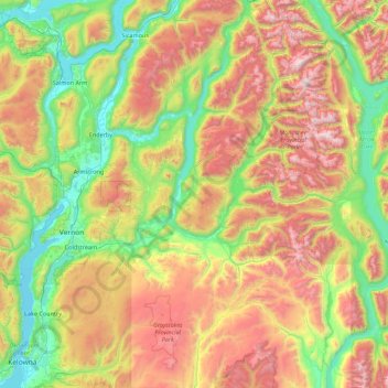 Carte topographique district régional du Nord-Okanagan, altitude, relief