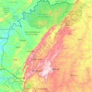 Carte topographique Atacora, altitude, relief
