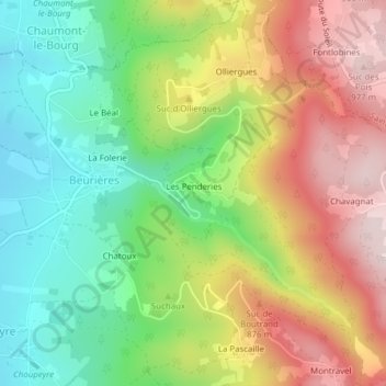 Carte topographique Les Penderies, altitude, relief
