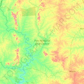 Carte topographique Parc National de la Comoé, altitude, relief