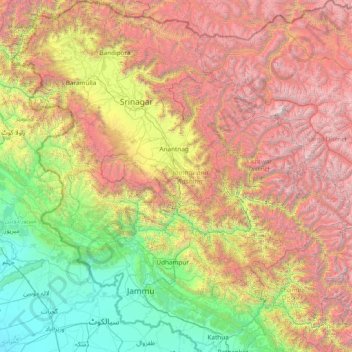 Carte topographique Jammu-et-Cachemire, altitude, relief