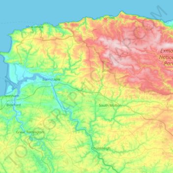 Carte topographique North Devon, altitude, relief