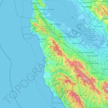 Carte topographique San Mateo County, altitude, relief