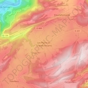 Carte topographique Les Plains-et-Grands-Essarts, altitude, relief