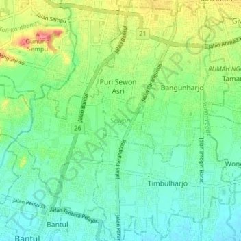 Carte topographique Sewon, altitude, relief